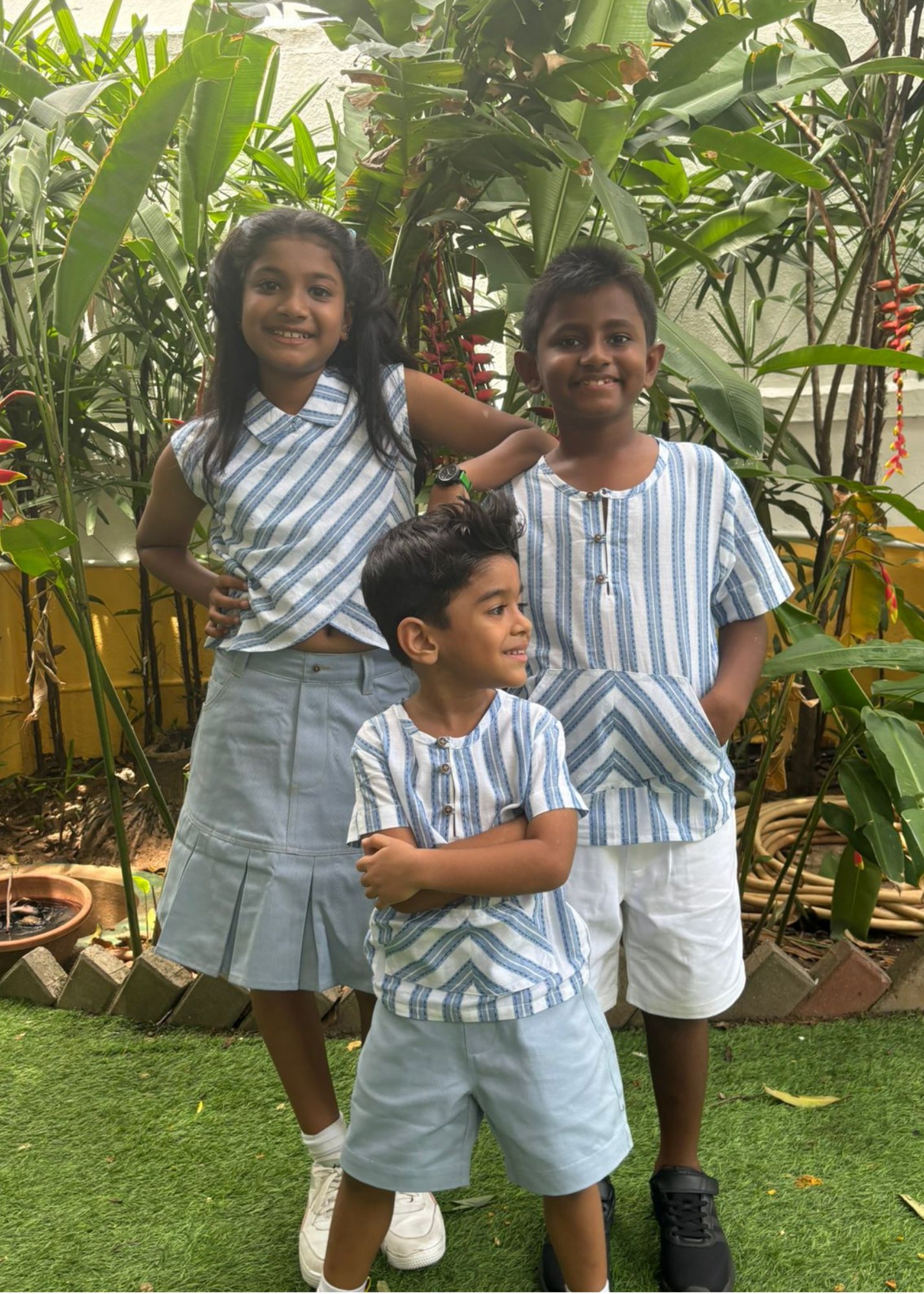 Summery Blue & White stripe Blouse with Denim pleated skirt