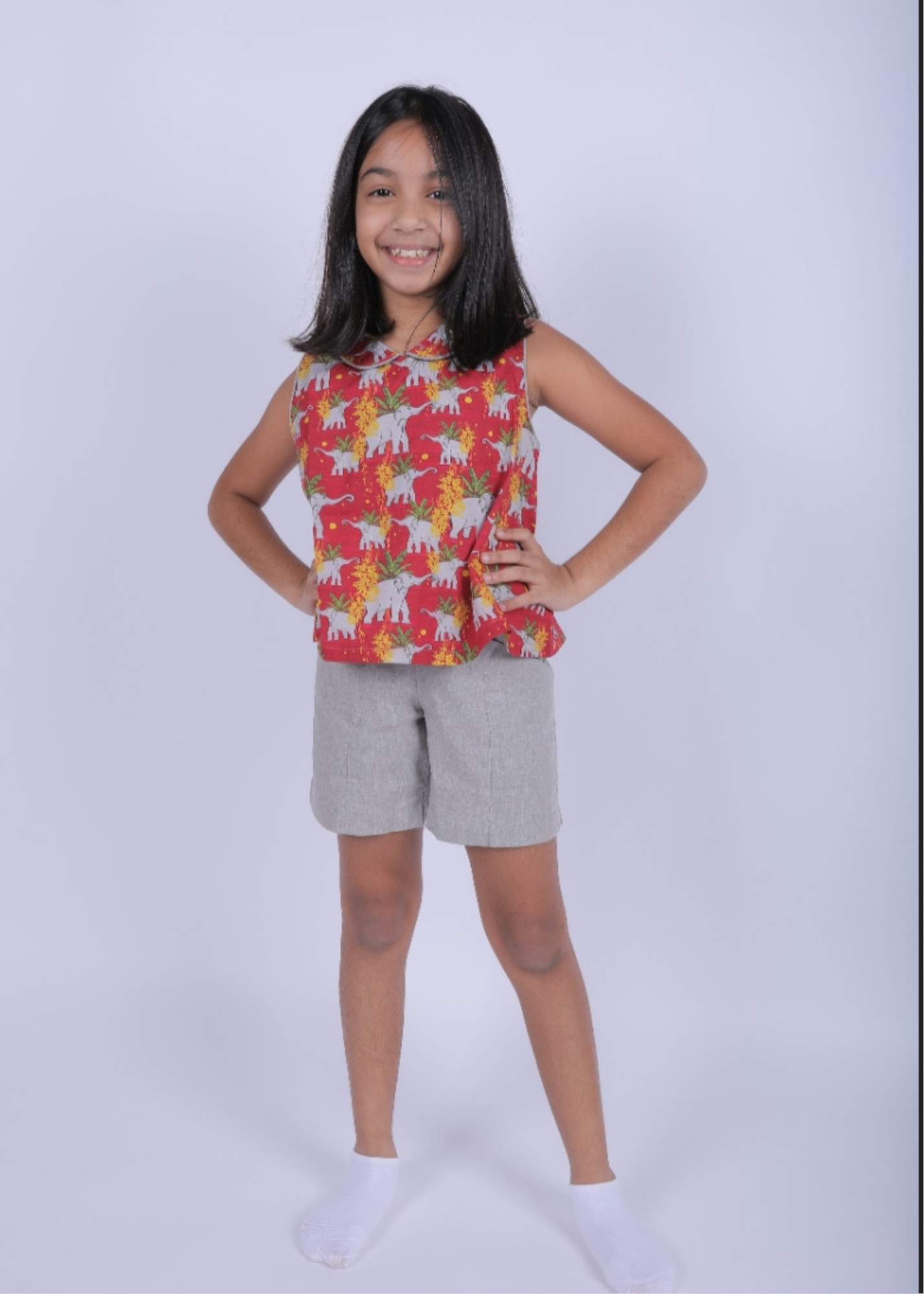 Elephant print Blouse with Grey Shorts