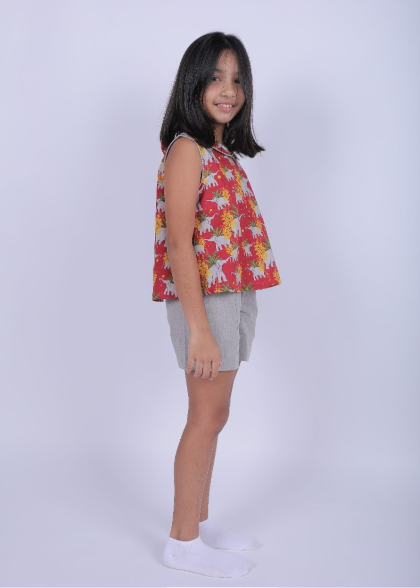 Elephant print Blouse with Grey Shorts
