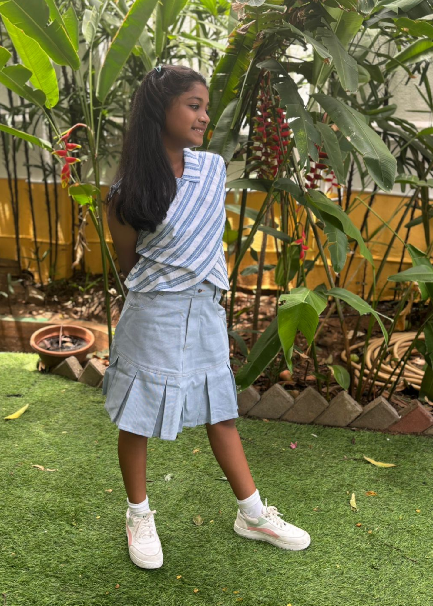 Summery Blue & White stripe Blouse with Denim pleated skirt