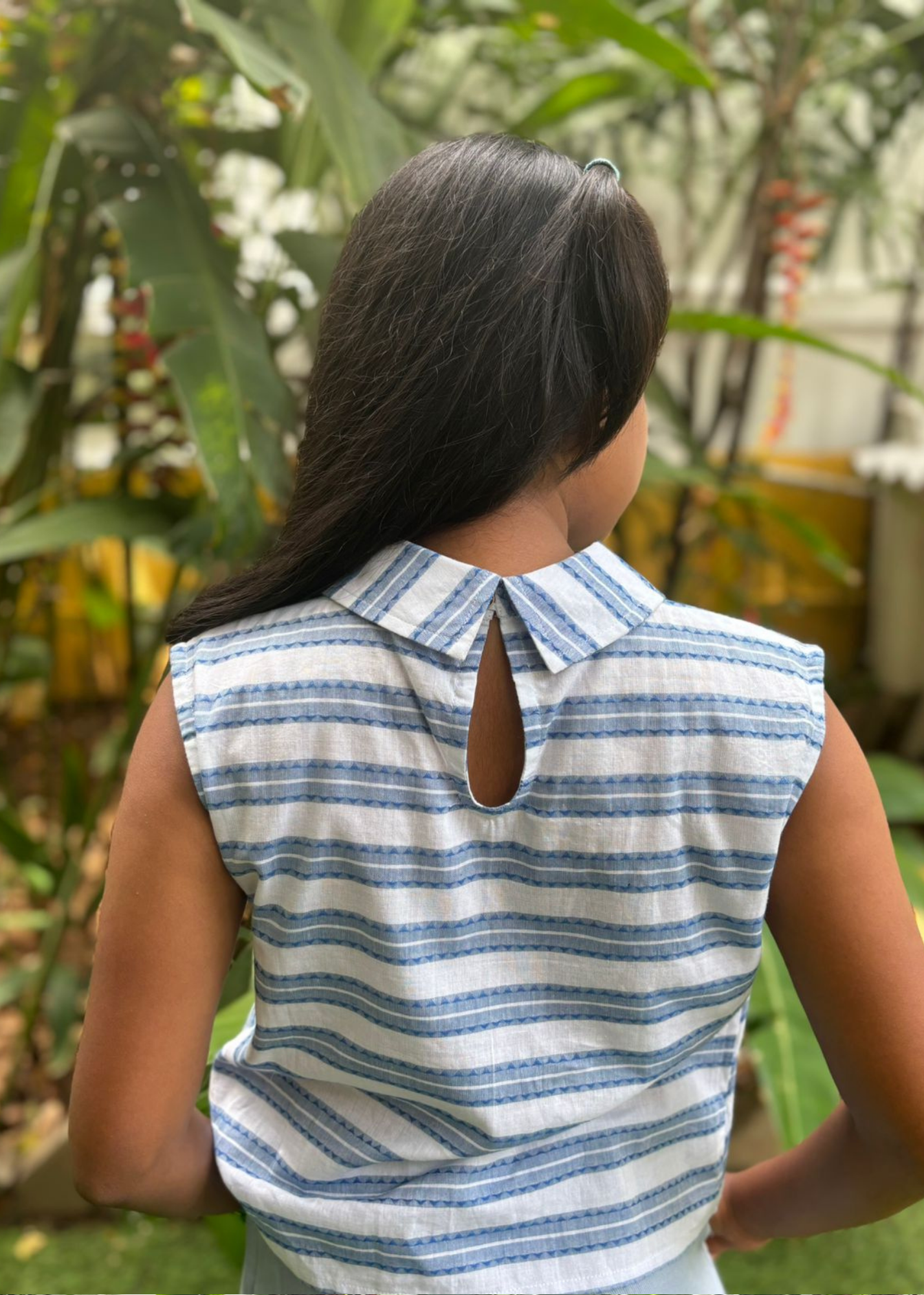 Summery Blue & White stripe Blouse with Denim pleated skirt