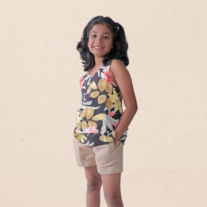 Midnight Bloom Top with khakhi shorts